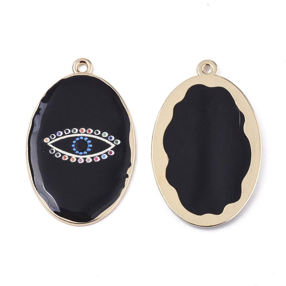 Pendentif ovale oeil protecteur émail noir zamac doré 39mm, pendentif laiton émaillé,sans nickel,x1 G5916