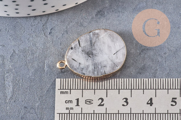 Pendentif ovale quartz gris naturel fer doré 28mm, pendentif pierre naturelle x1 (G1799)