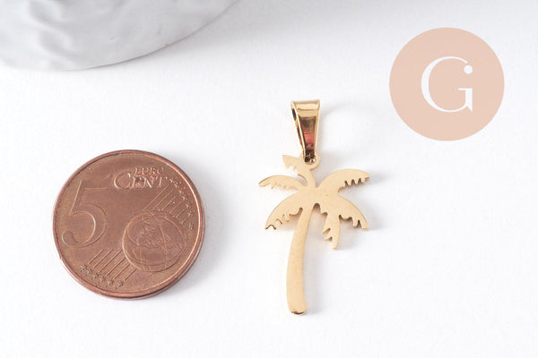 Pendentif palmier acier 304 inoxydable doré ou platine 17.5mm à 22mm, x1 (G10289)
