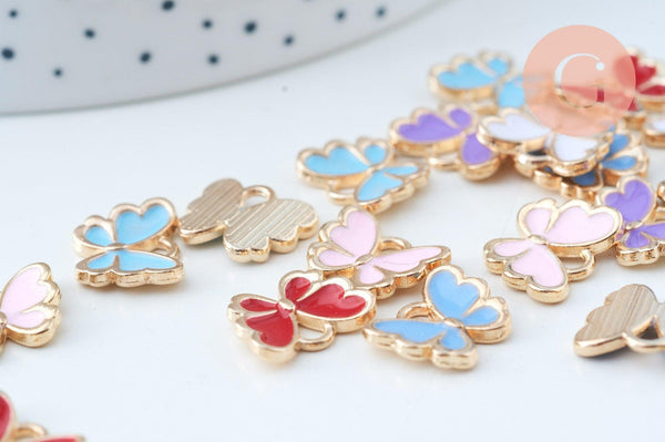 Pendentif papillon doré émail multicolore 10.5mm,pendentif doré pour création de bijoux x5 G6835