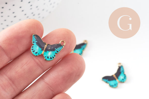 Pendentif papillon émail bleu zamac doré zamac doré 20mm, x5 (G4570)