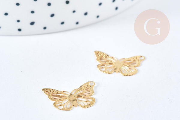 Pendentif papillon filigrane acier 201 inoxydable doré 18mm, x1 (G8725)