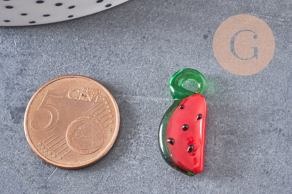 Pendentif pastèque fruit rouge verre tchèque 15-19mm, x5 (G4234)