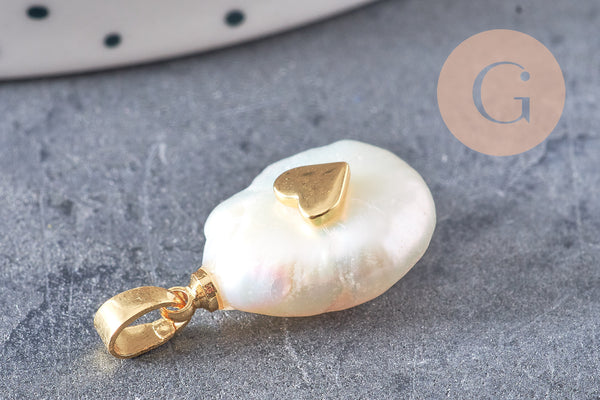 Pendentif perle naturelle Keshi coeur dorée,porte bonheur,perle eau douce,création bijou,perle naturelle blanche,17-27mm, x1 (G3091)