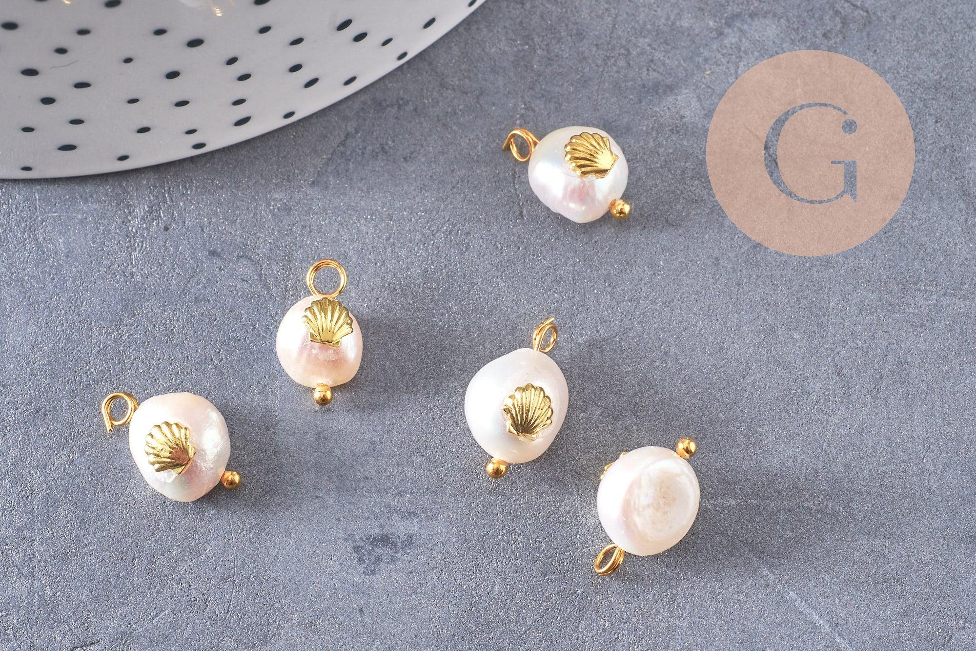 Pendentif perle naturelle Keshi coquillage doré 13-16mm,porte bonheur,perle eau douce,perle naturelle blanche, x1 G6131