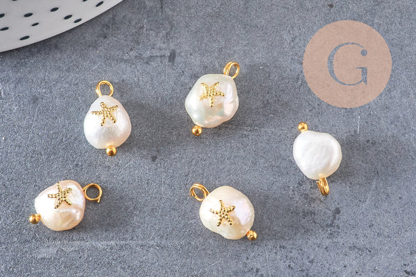 Pendentif perle naturelle Keshi étoile de mer doré 13-16mm,porte bonheur,perle eau douce,perle naturelle blanche, x1 (G6231)
