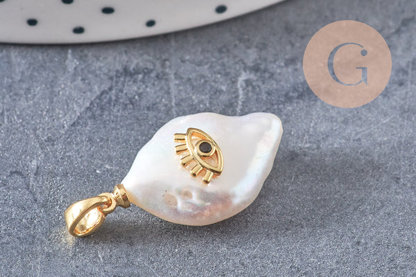 Pendentif perle naturelle Keshi oeil laiton doré 17-27mm x1 (G2028)