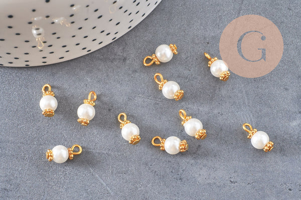 Pendentif perle ronde verre blanc nacré laiton doré 12,5mm, perle création bijoux imitation perle , x10 G7137
