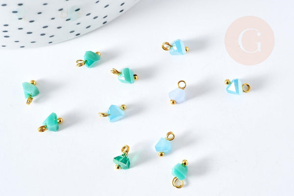 Pendentif perle triangle doré carats cristal bleu turquoise 8mm, pendentif doré cristal, x10 (G6240)