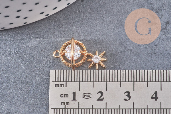 Pendentif planète étoile laiton doré 18K zircon 21mm, pendentif en cristal création bijoux porte bonheur femme en zircon, x1 (G5994)