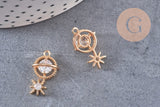 Pendentif planète étoile laiton doré 18K zircon 21mm, pendentif en cristal création bijoux porte bonheur femme en zircon, x1 (G5994)