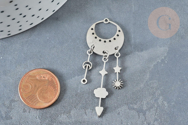 Pendentif pluie lunes et étoiles acier inoxydable 201 argenté 55mm, x1 (G7389)
