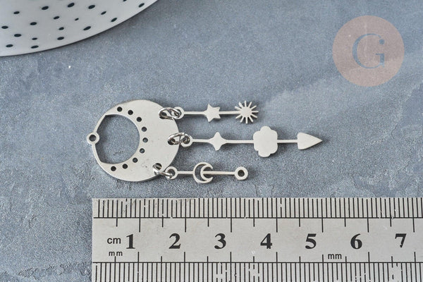 Pendentif pluie lunes et étoiles acier inoxydable 201 argenté 55mm, x1 (G7389)