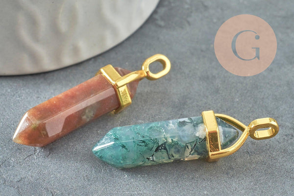 Pendentif pointe agate indienne naturelle zamac doré 37-40mm,pendentif bijoux pierre naturelle, x1 G3250