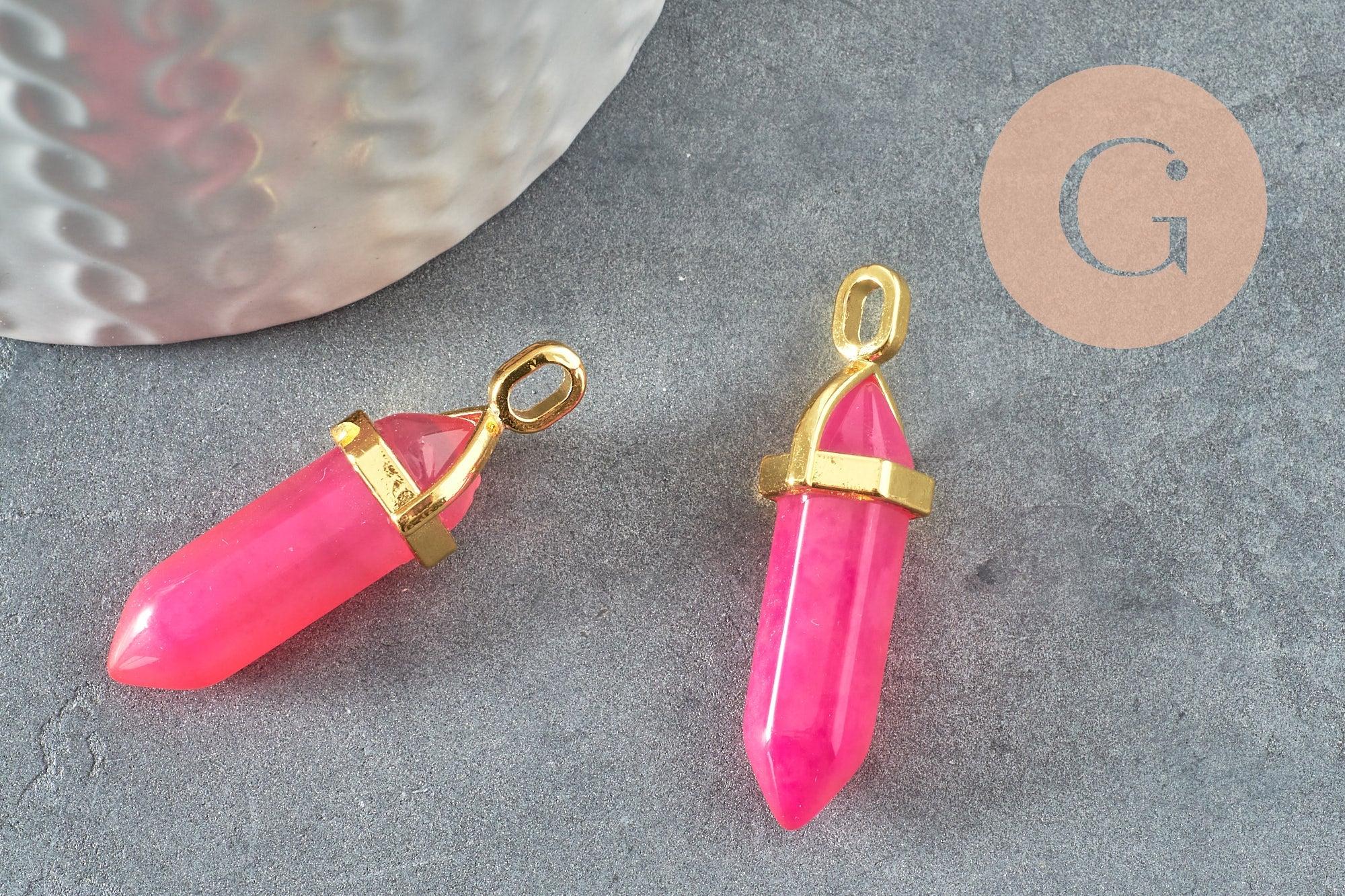 Pendentif pointe agate naturelle teintée rose zamac doré 40mm, création bijoux pierre naturelle, x1 G1413