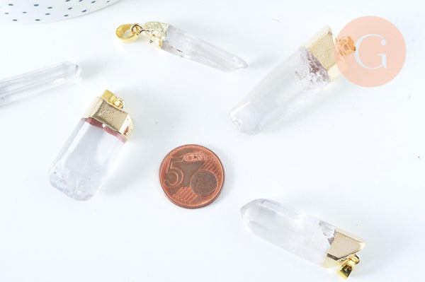 Pendentif pointe cristal de roche transparent doré 42-60mm, bijou pierre naturelle x1 G6229