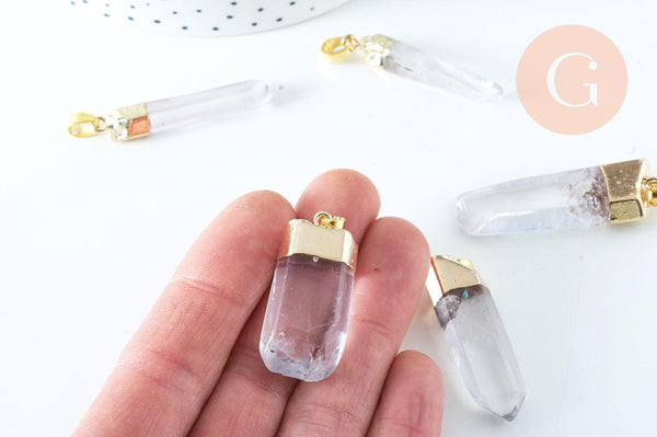 Pendentif pointe cristal de roche transparent doré 42-60mm, bijou pierre naturelle x1 G6229