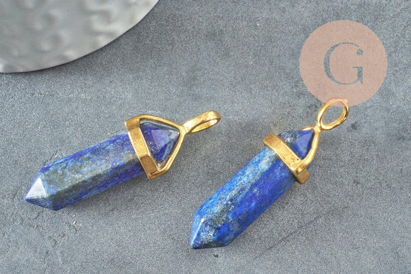 Pendentif pointe lapis lazulis naturel bleu laiton doré 37-41mm, x1 (G0904)
