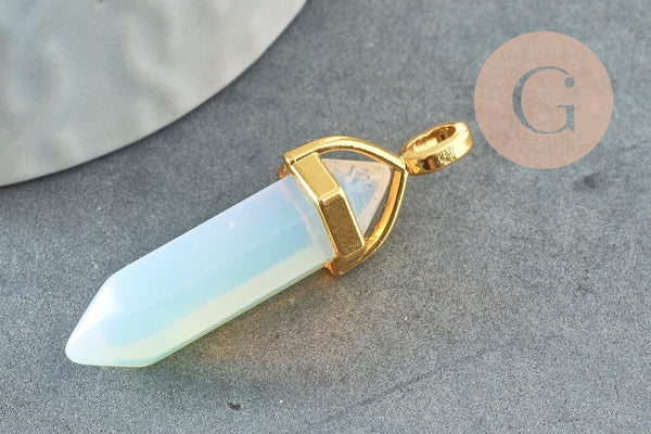 Pendentif pointe opalite opaque zamac doré 37~40mm, pendentif bijoux pierre, opalite naturelle, 37~40mm, x1 G0087