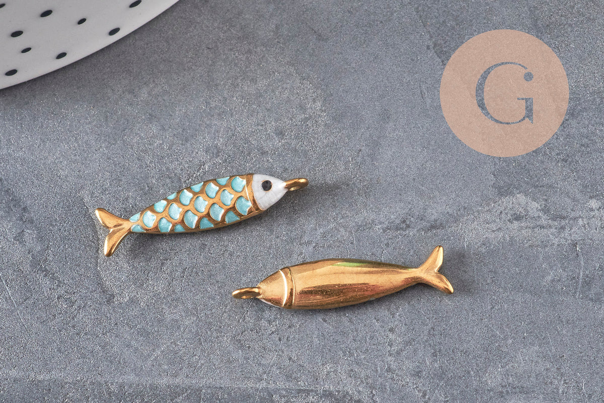 Colgante pez acero inoxidable 304 dorado turquesa 25.5mm, x1 VÁLIDO