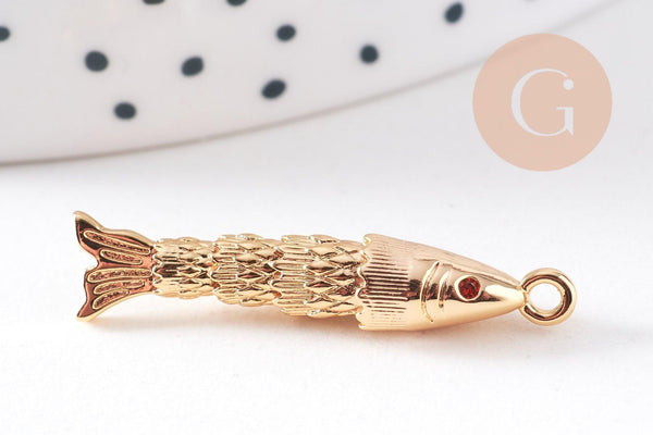 Pendentif poisson articulé laiton doré zircon 29.5mm, x1 (G10303)