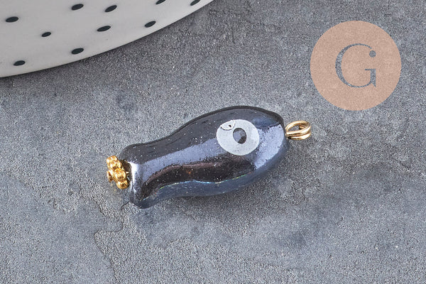 Pendentif poisson porcelaine multicolore Acier 304 inoxydable doré 25mm, x1 (G9816)