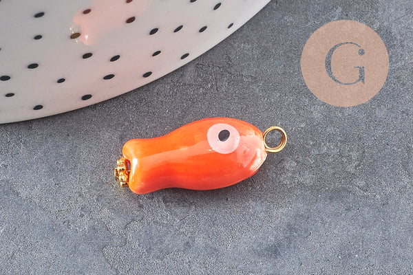 Pendentif poisson porcelaine multicolore Acier 304 inoxydable doré 25mm, x1 (G9816)