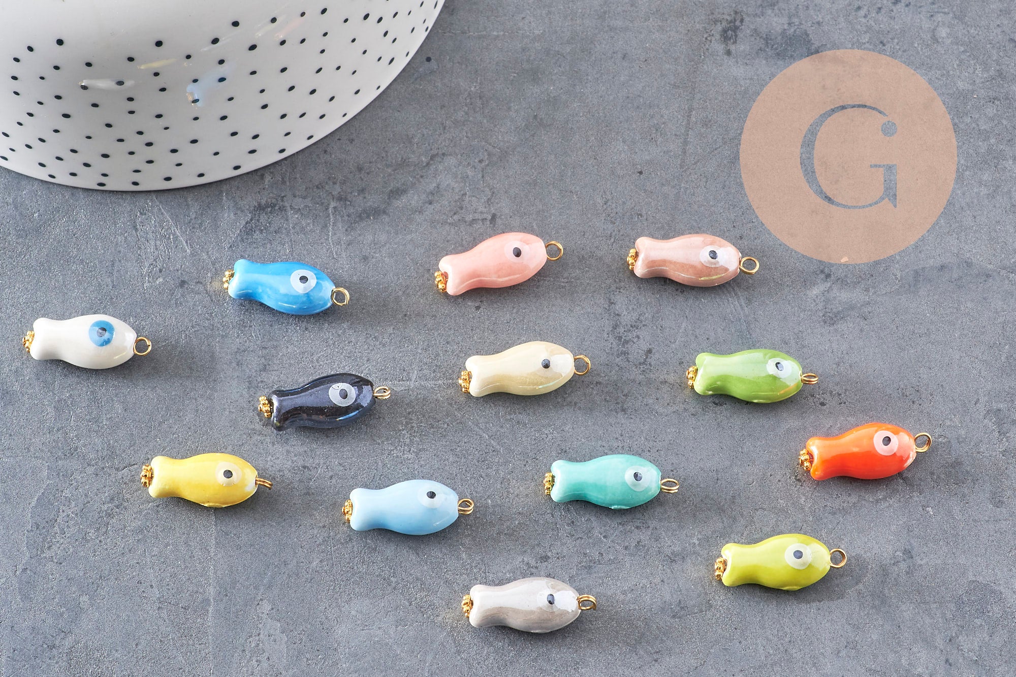 Pendentif poisson porcelaine multicolore Acier 304 inoxydable doré 25mm, x1 (G9816)
