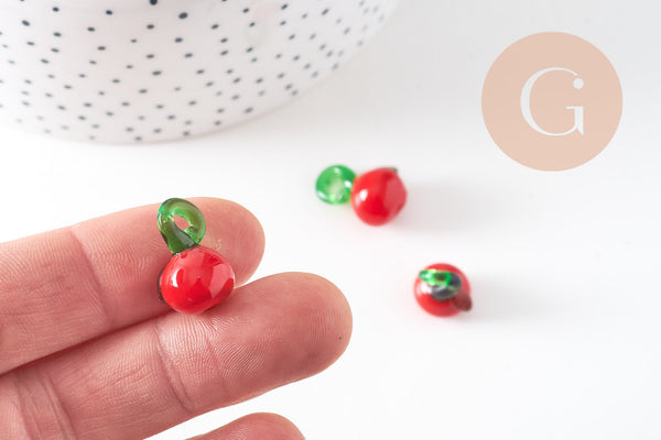 Pendentif pomme fruit rouge verre tchèque 25mm, x5 (G1986)