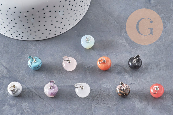 Colgante de manzana, piedra natural, acero inoxidable, acabado platino, 14-15 mm, 1 unidad (G7109)