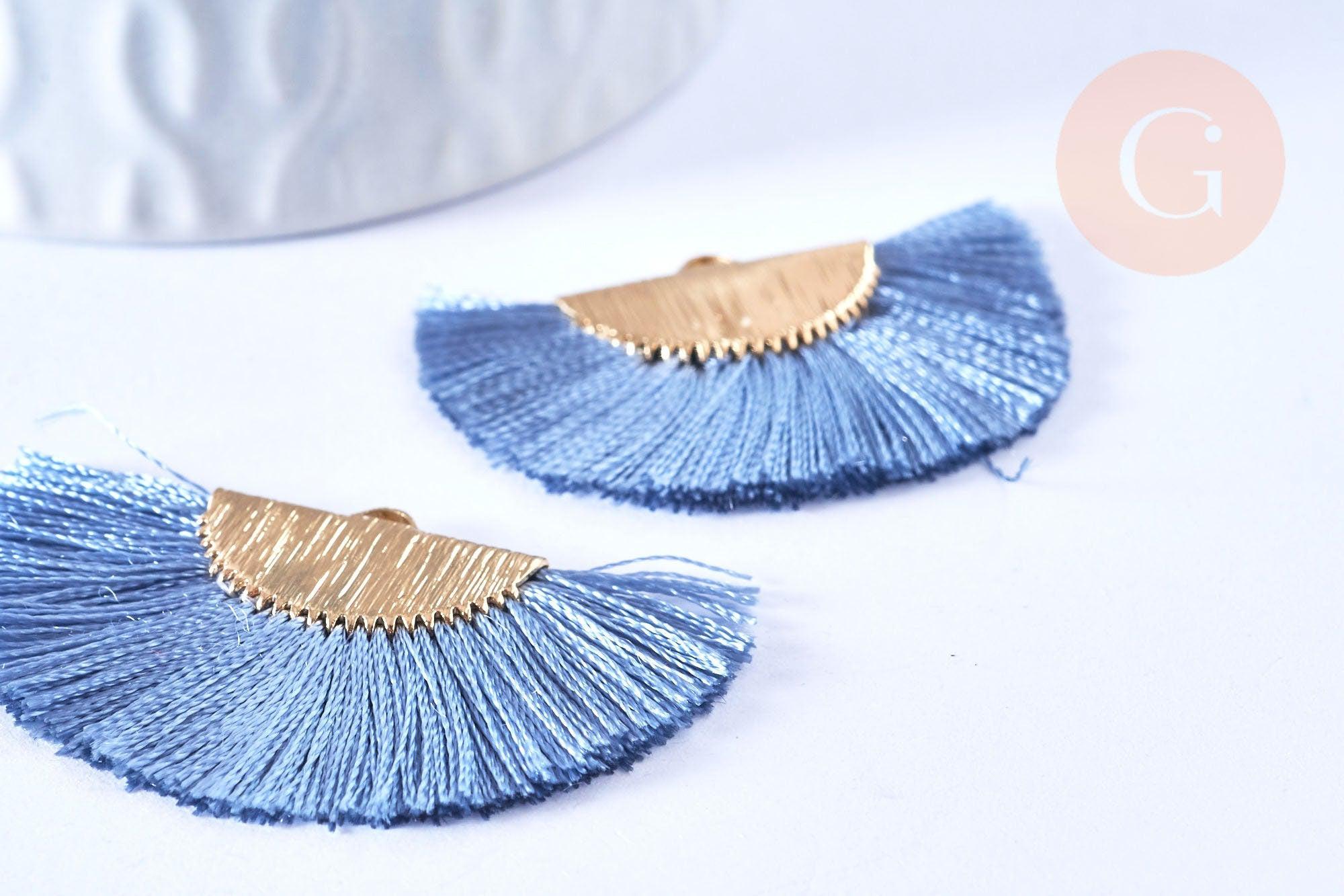 Pendentif pompon éventail fil bleu or,pendentif en laiton doré et fil,47mm, x2 (G5494)