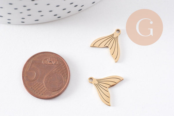 Pendentif queue de poisson acier 201 inoxydable doré 14mm, x2 (G10223)