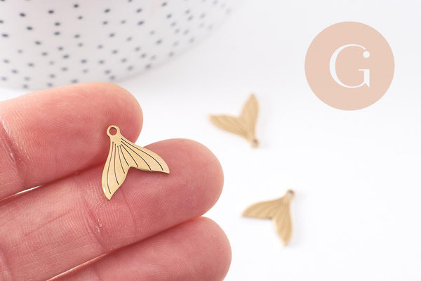 Pendentif queue de poisson acier 201 inoxydable doré 14mm, x2 (G10223)