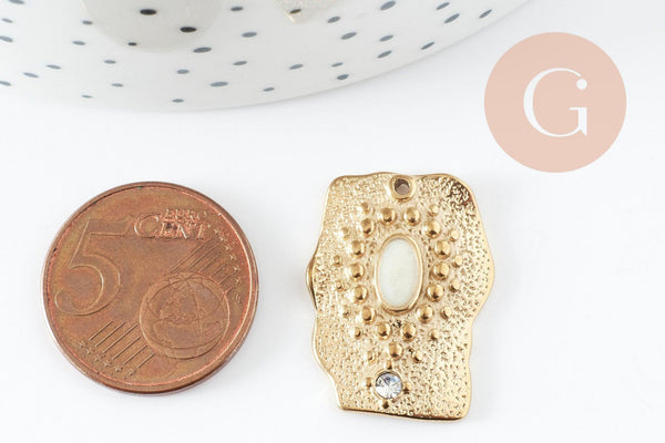 Pendentif rectangle 304 inoxydable doré PVD résine blanche zircon 25mm, x1 (G9410)