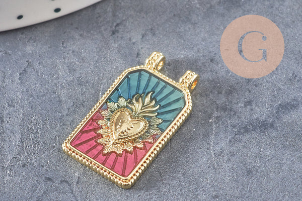 Pendentif rectangle émaillé coeur sacré laiton 18K 26.5mm, x1 (G10944)
