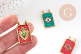 Pendentif rectangle émaillé oeil protecteur coeur sacré acier 304 inoxydable doré PVD 32mm, x1 (G10531)