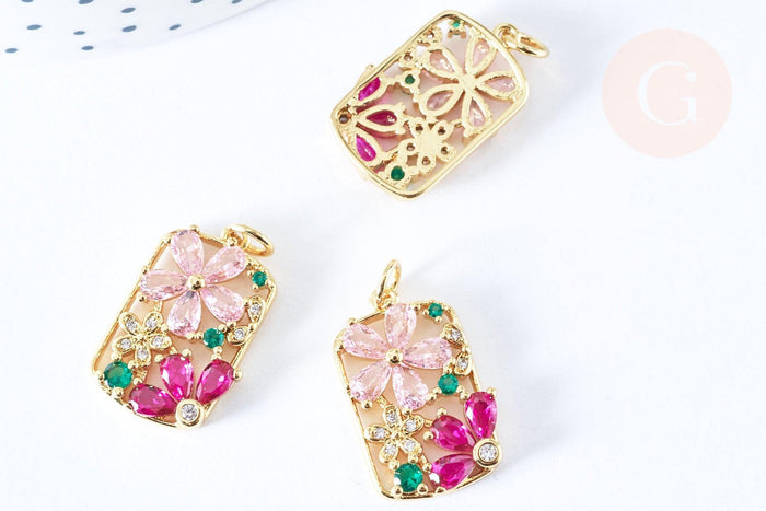 Pendentif rectangle fleurs laiton doré 16k cristal 21.5mm, x1 (G6676)