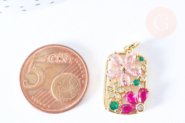 Pendentif rectangle fleurs laiton doré 16k cristal 21.5mm,sans nickel,cadeau anniversaire,pendentif animal, Pendentif zircon, x1 (G6676)