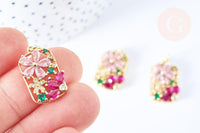 Pendentif rectangle fleurs laiton doré 16k cristal 21.5mm, x1 (G6676)