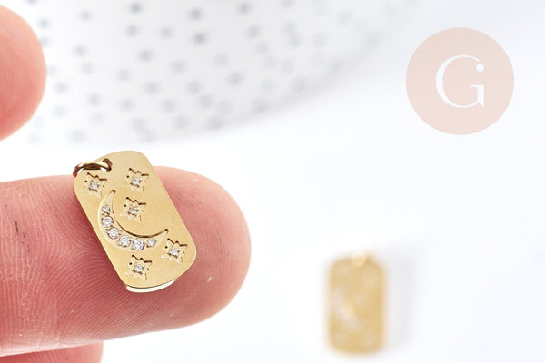 Pendentif rectangle lune étoiles zircons acier 316 doré inoxydable 15mm, x1 (G8817)