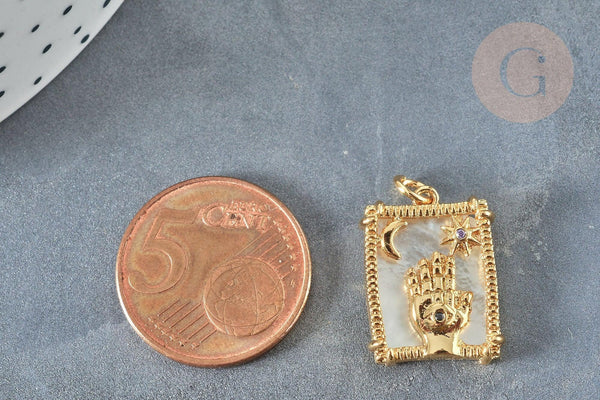 Pendentif rectangle main mauvais œil mystique nacre laiton doré zircon 18K,Pendentif doré carte de tarot, x1 (G7378)