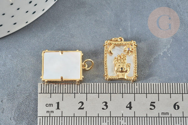 Pendentif rectangle main mauvais œil mystique nacre laiton doré zircon 18K,Pendentif doré carte de tarot, x1 (G7378)
