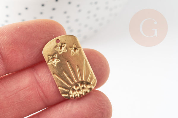 Pendentif rectangle soleil étoile laiton brut 25mm, Pendentif pour création de bijoux DIY x2 G9706