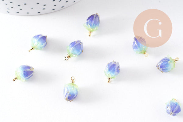 Pendentif résine fleur séchée bleue 33mm, pendentif fleur de rose et or, x1 (G5698)