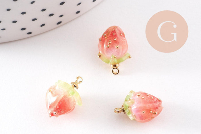 Pendentif résine fleur séchée rose rouge 33mm, pendentif fleur de rose et or, x1 (G6726)