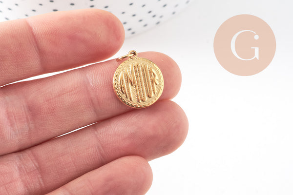 Pendentif rond Amour acier inoxydable 304 doré 18mm, x1 (G10798)