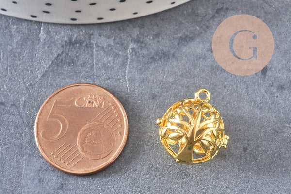 Pendentif rond Bola harmonie carillon laiton doré arbre de vie 17mm (DIAMETRE INTERIEUR 12 MM) sans carillon, x1 (G5989)