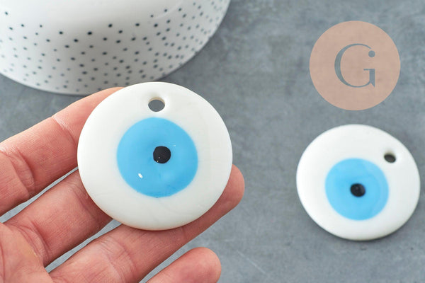 Pendentif rond Mauvais Oeil verre blanc 50mm, x1 (G9437)