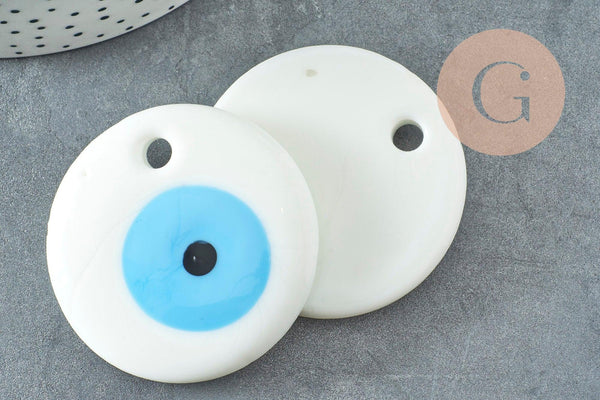 Pendentif rond Mauvais Oeil verre blanc 50mm, x1 (G9437)