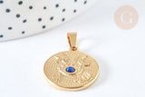 Pendentif rond acier 304 doré symboles chance strass bleu 23mm, création bijoux acier, x1 (G7499)